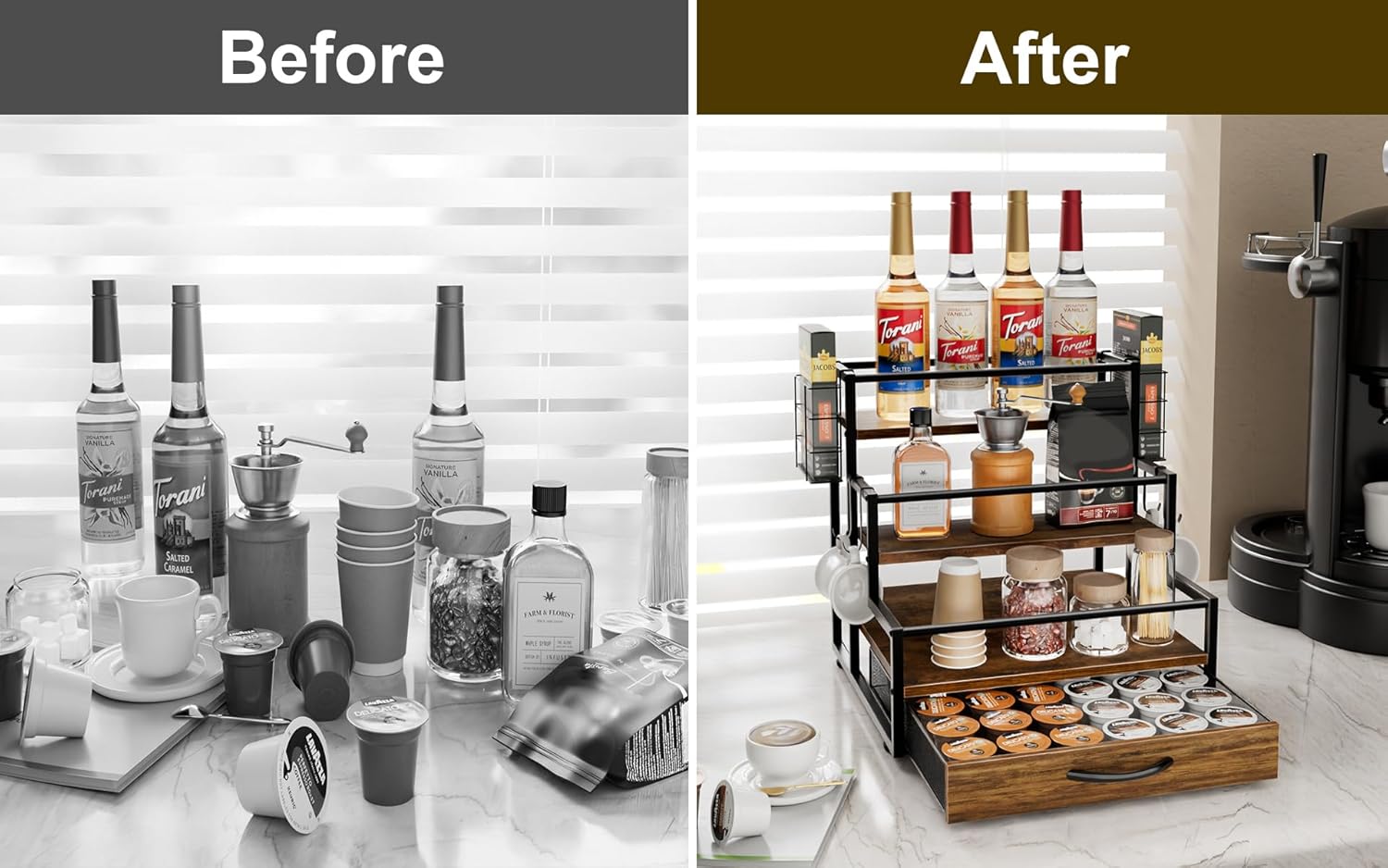 Countertop Coffee Syrup Rack Organizer, 4-Tier Wooden Holder Stand with 36 K Cup Storage Drawer for Coffee Bar Accessories,Condiment Storage Shelves for Kitchen,Home,Office,Restaurant