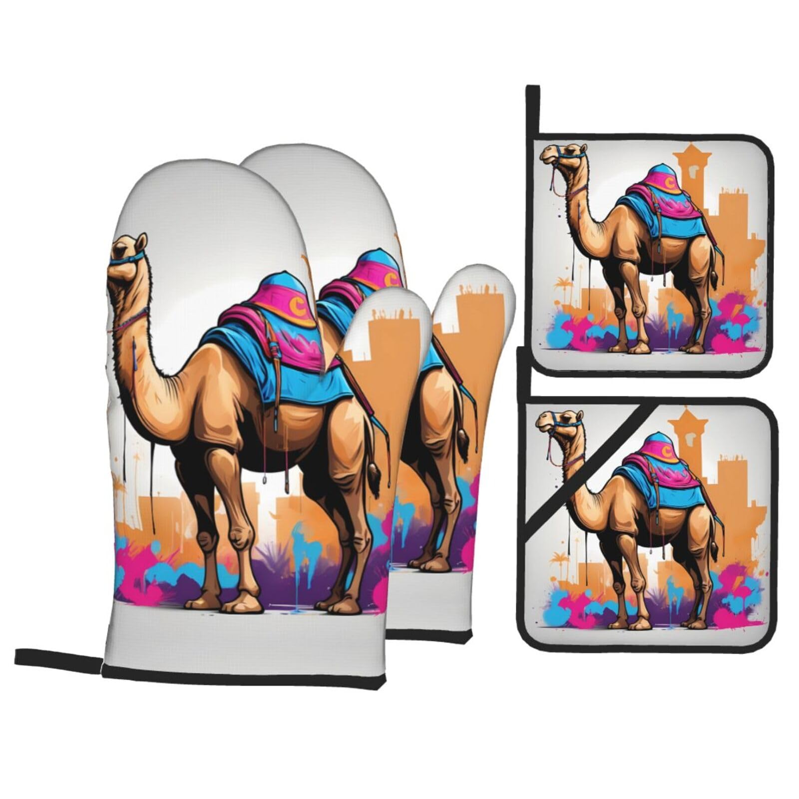 HJFCZH Graffiti Camel Picture Kitchen Baking Set of 4 Thick Insulated Oven Mitt & Pot Holders, Anti-Scalding for Microwave, Oven, Outdoor BBQ