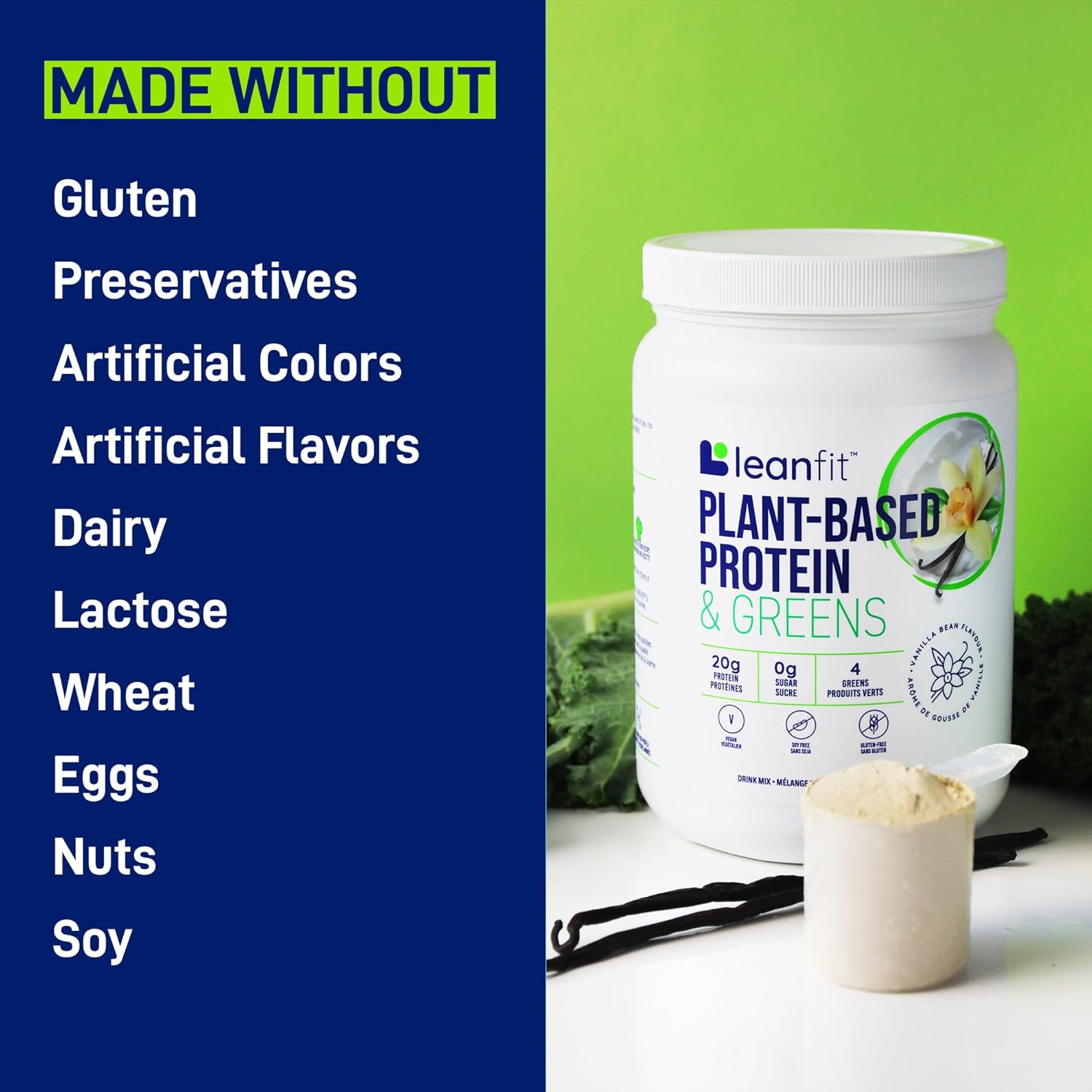 LeanFit Plant-Based Protein & Greens Natural Vanilla – 20g Plant Protein + 4 Leafy Greens Per Serving – Vegan, Gluten-Free, Soy-Free, No Sugar – 19 Servings, 1.21 Pound Tub
