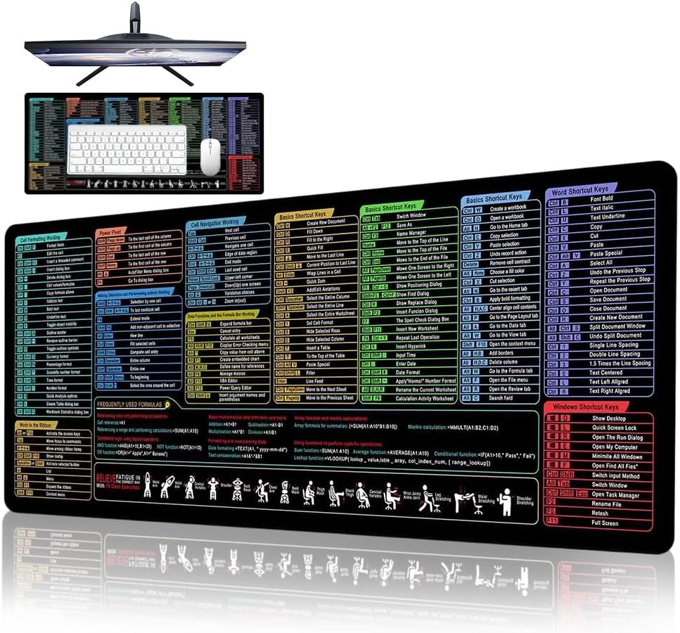 Excel Shortcuts Mouse Mat, 80 x 30cm Excel Cheat Sheet Desk Mat, Extended Large XL Cheat Sheet Gaming Mousepad, Stitched Edges, Non-Slip Big Mouse Mat for Desk, Laptop, Computer, Home