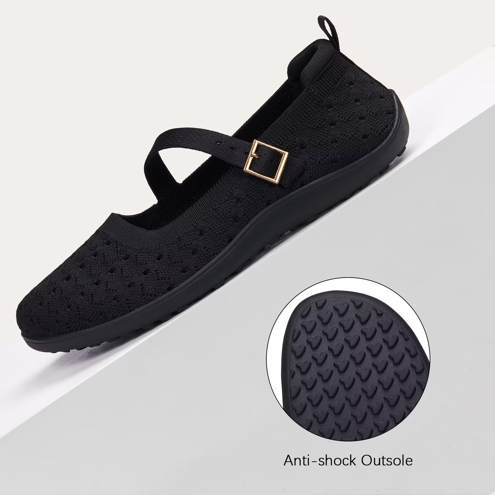 Frank Mully Damen-Ballerinas Übergröße Mary-Jane Strickschuhe breite Zehenbox verstellbare Riemen
