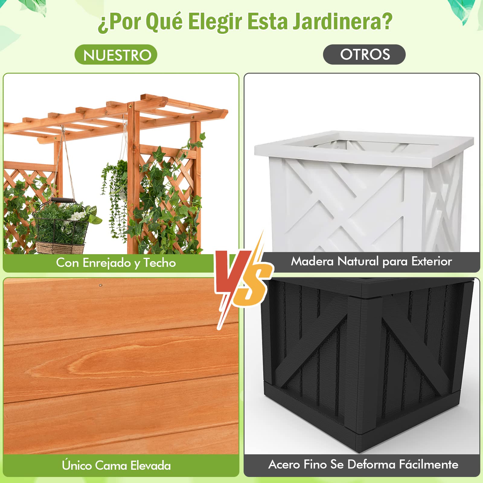 COSTWAY Jardinera Elevado con Enrejado Arqueado, Techo Colgante, Macetero, Orificios de Drenaje, Contenedor Vertical de Plantas para Plantas, Macetero de Madera Interior Exterior para Jardín Patio