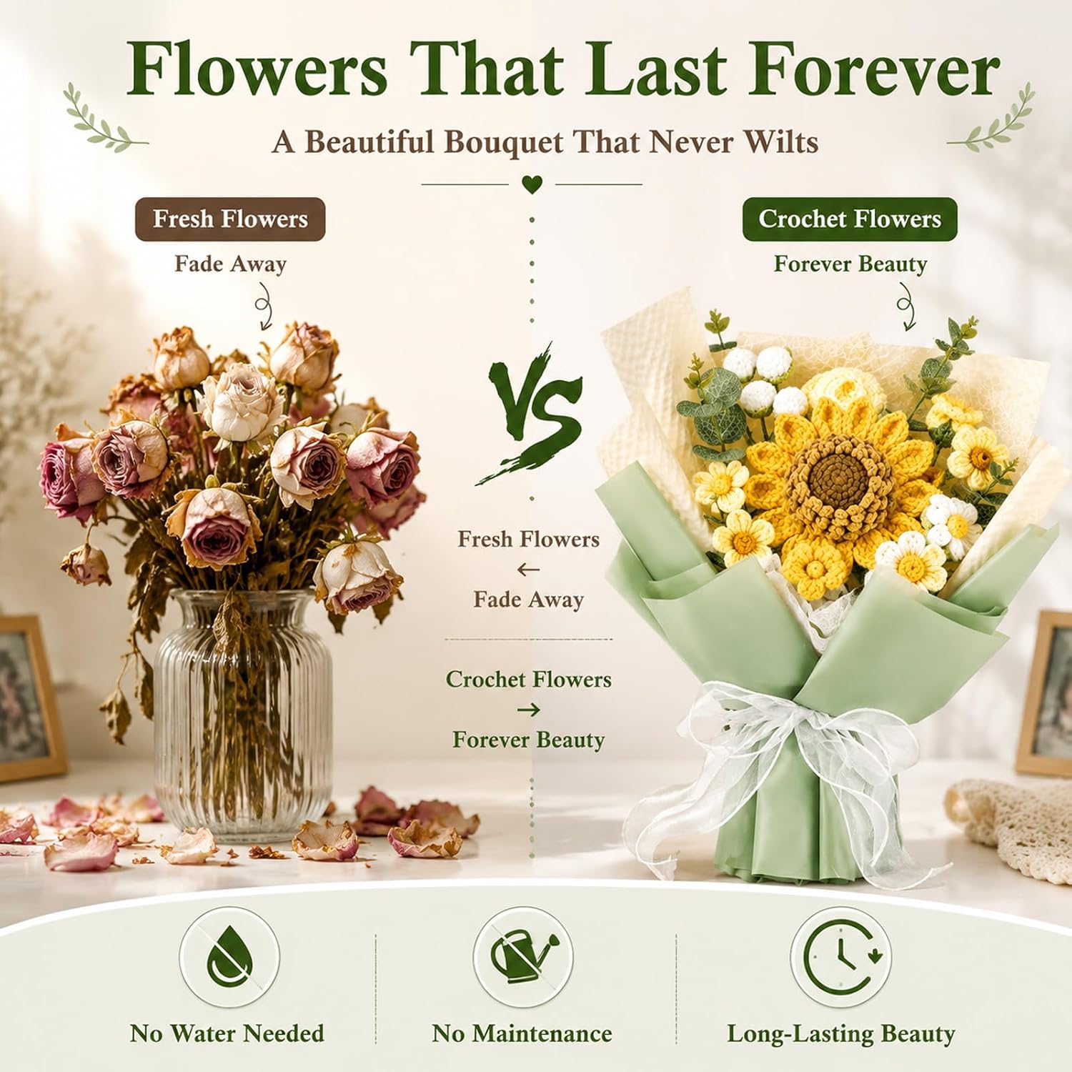 Crochet Flower Bouquet, Artificial Knitted Flowers with Gift Bag & Card, No-Wilt Finished Crochet Floral Arrangement for Birthday, Valentine’s Day,, Home Decor (Green)