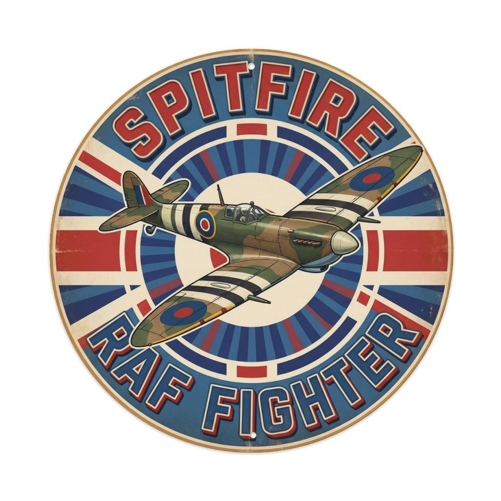 Spitfire Fighter Aircraft British WWII Retro Military Metal Tin Sign Plaque Wall Decor for Cafe, Man Cave, Club Bar, Office, Home Garden Round Metal Poster 8x8Inch