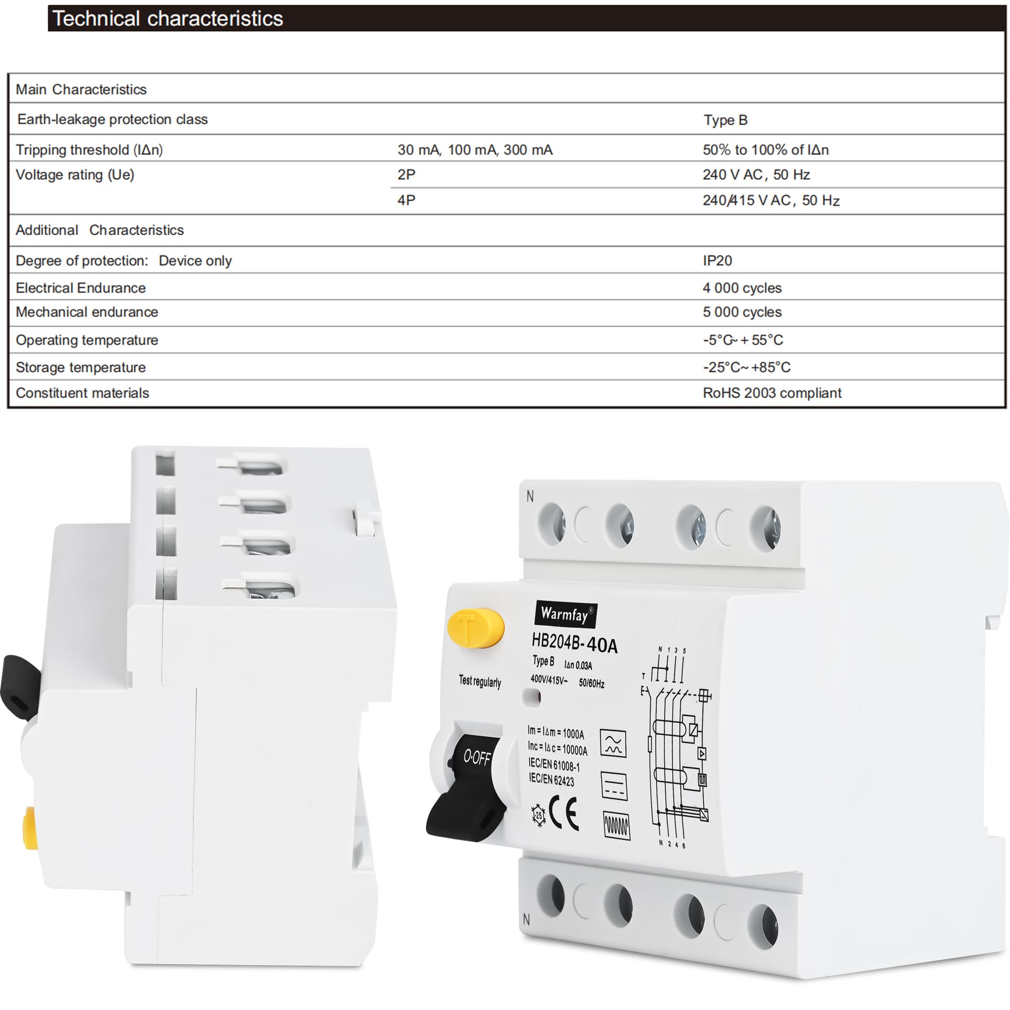 Warmfay FI stroomonderbreker 63 A 300 mA type B, 4-polig RCD Allstroomintensieve schakelaar, automatische zekering, aardlekschakelaar, DC 6 MA, voor wandboxen, laadstations