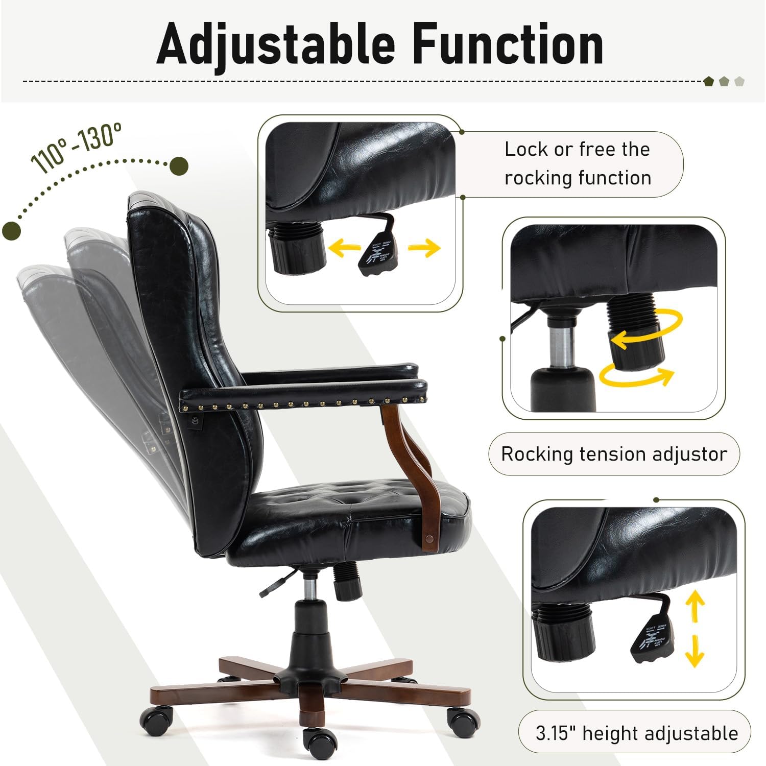 ECOTOUGE Ergonomic Home Desk Chair, Faux Leather Executive Chair, Vintage Wingback Swivel Work Chair, Classic Computer Chair for Home, Office and Living Room, Black