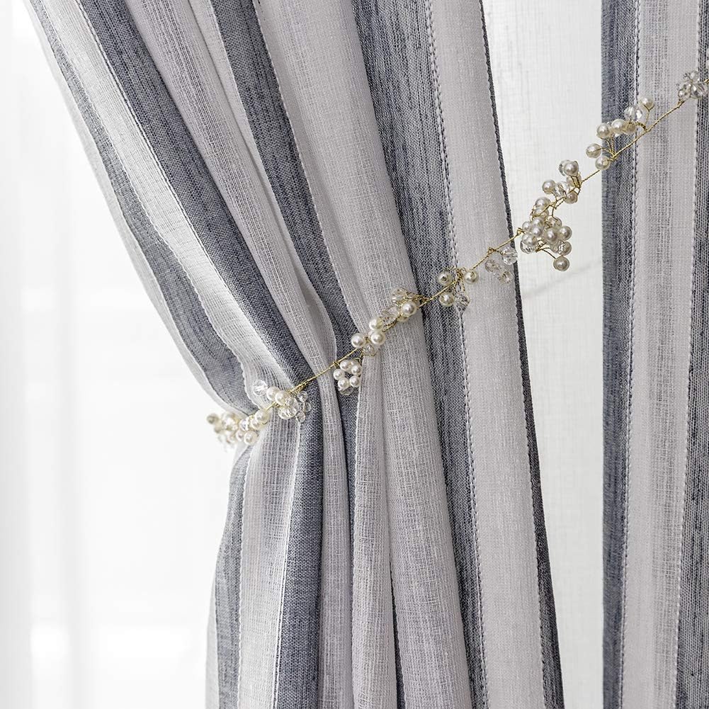 NAPEARL White and Grey Striped Semi Sheer Curtains, Linen Textured Privacy Curtains 96 Inches Long, Attractive Patterned Sheer Curtains for Bedroom Living Room (2 Panels, Each 52 x 96 in)