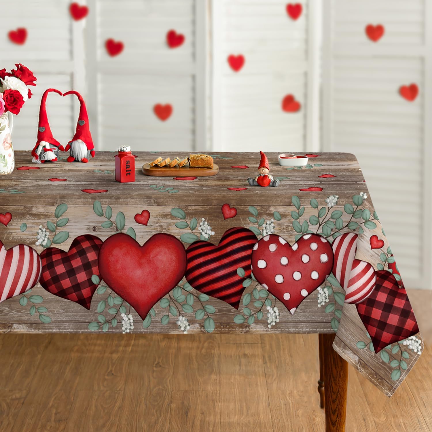 Horaldaily Valentine Tablecloth 60×120 Inch Rectangular, Love Hearts Eucalyptus Wood-Colored Washable Table Cover for Party Picnic Dinner Decor