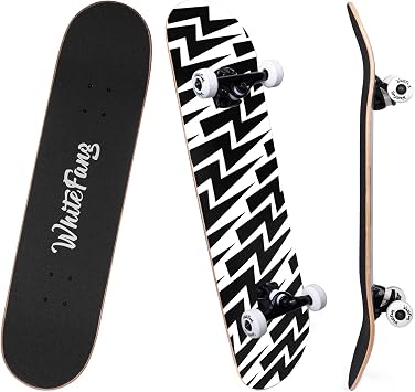 WhiteFang Skateboards for Beginners, Complete Skateboard 31 x 7.88, 7 Layer Canadian Maple Double Kick Concave Standard and Tricks Skateboards for Kids and Beginners Lighting