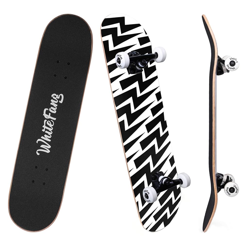 WhiteFang Skateboards for Beginners, Complete Skateboard 31 x 7.88, 7 Layer Canadian Maple Double Kick Concave Standard and Tricks Skateboards for Kids and Beginners (Lighting)