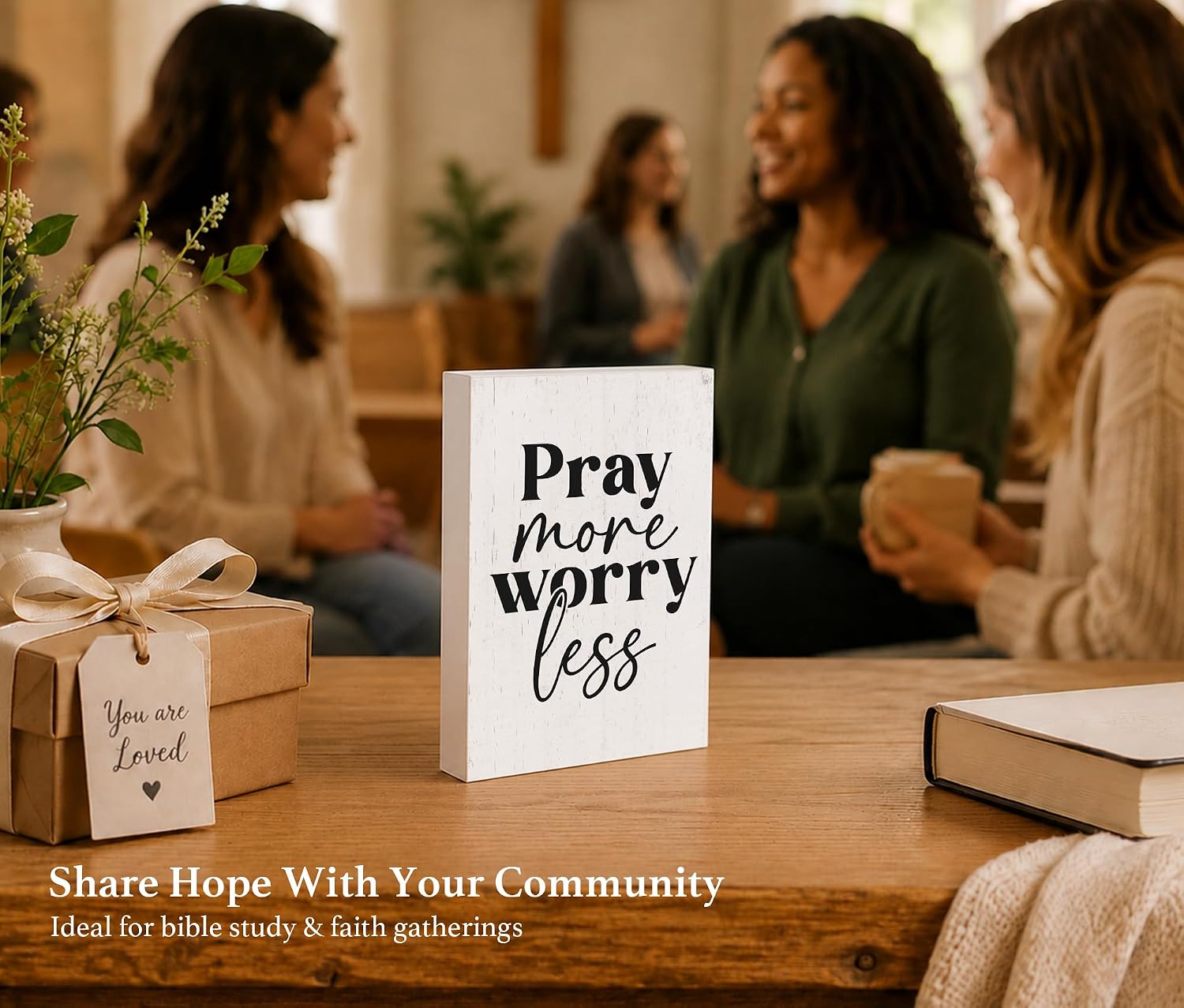 Pray More Worry Less Wood Desk Decor, Christian Gifts for Women Men image 5