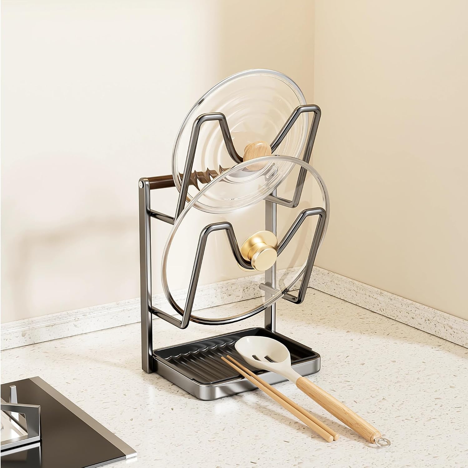 Pot Lid Holders, Kitchen Pot Lid Storage Rack, Pot Lid Organizer for Countertop, Stainless Steel Holders with Removable Drip Tray, Suitable for Kitchen Countertop (2 Layer)
