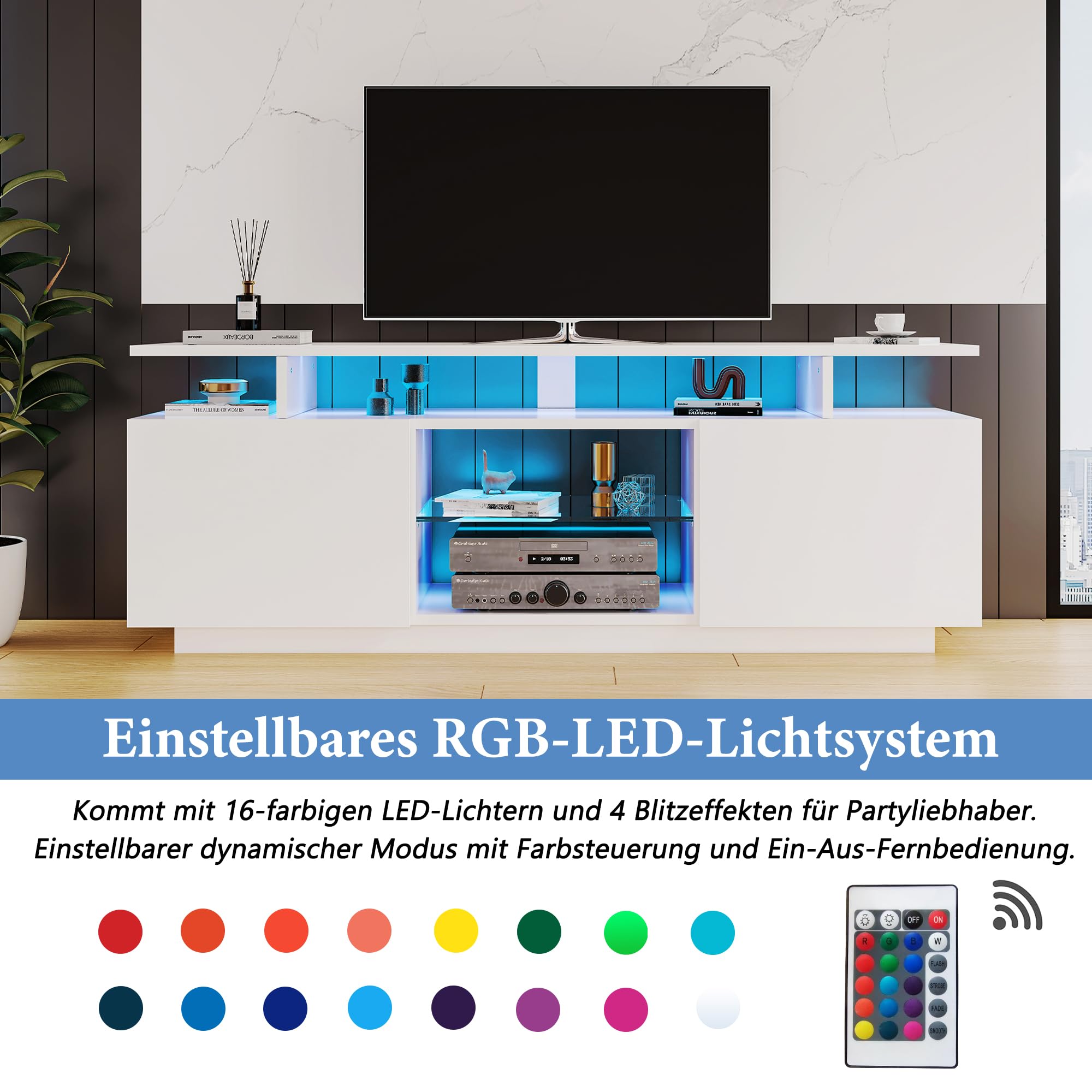 LAKFEW TV Schrank mit LED Leuchten, Lowboard Fernsehschrank mit 2 Türen und Glasfächer, TV Ständer Fernsehtisch Möbel bis zu 60 Zoll, Sideboard Wohnzimmer für Schlafzimmer, 140x35x55 cm, Weiß