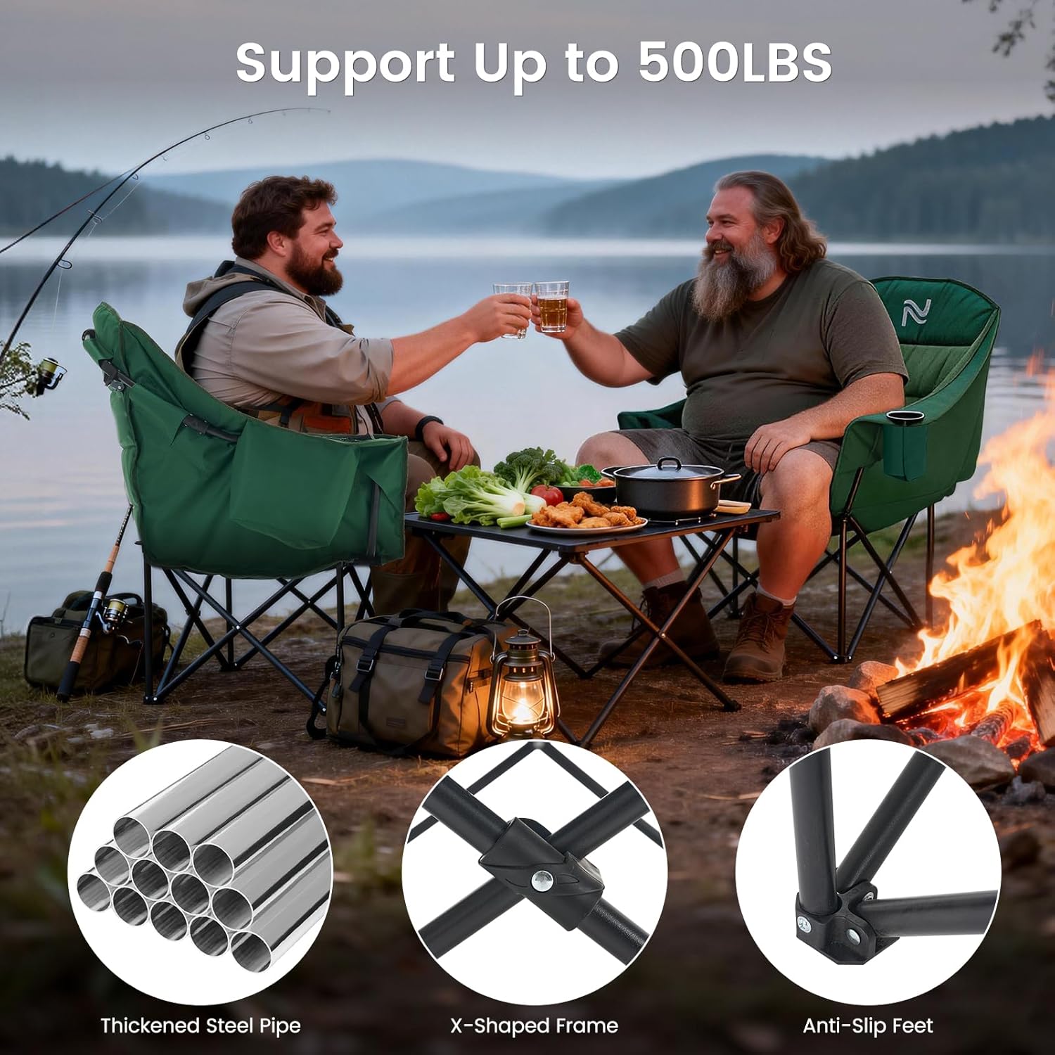 ABORON Oversized Camping Chair, Portable Folding Chair with Cooler Bag & Cup Holder, Heavy Duty Lawn Chair for Camping, Patio, Backyard, Supports 400 lbs