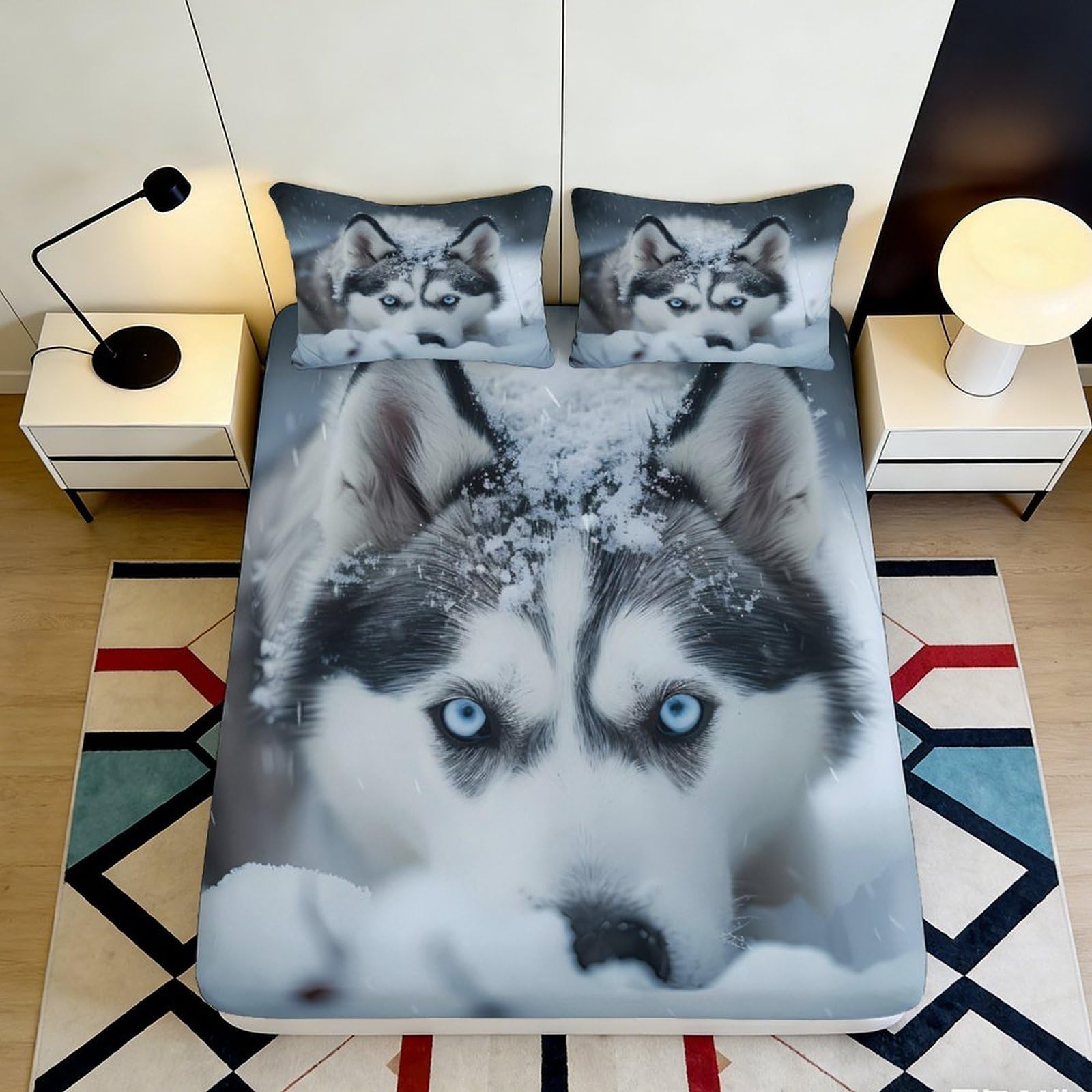 3D Printed Husky Dog Fitted Sheet Microfiber Soft Breathable Snow Pattern Bed Cover for Bedroom Dormitory Guest Room Mattress Protection Decor 140x200x25cm