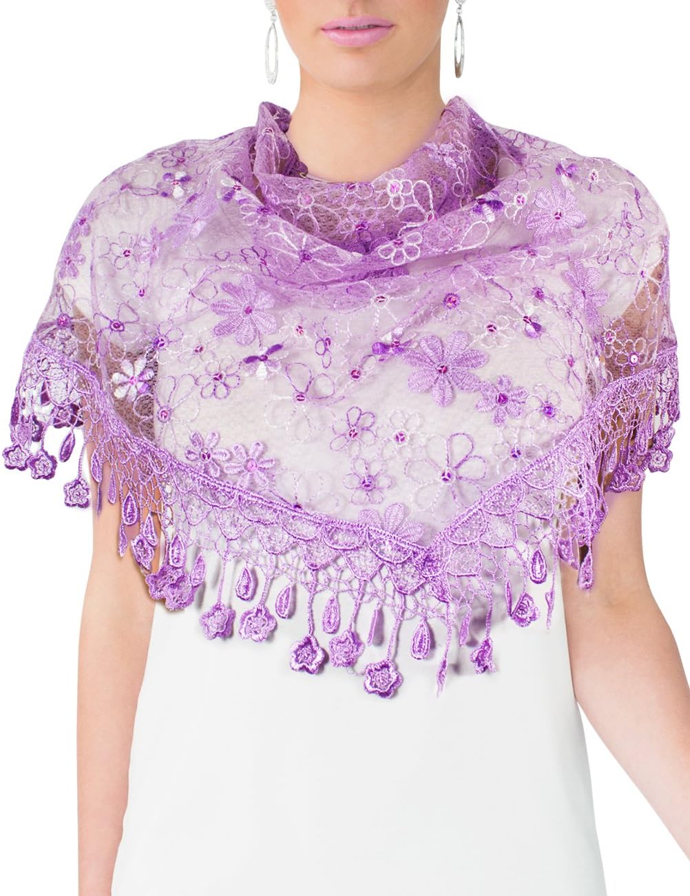 Dahlia Women's Triangle Evening Scarf - Floral Sequin Lace - Purple