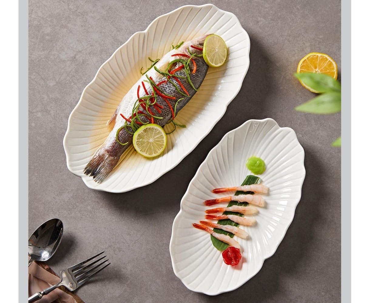 Amazon.co.jp: Apaeofl蒸し魚用皿、 厚手陶磁器、浮き彫りデザイン