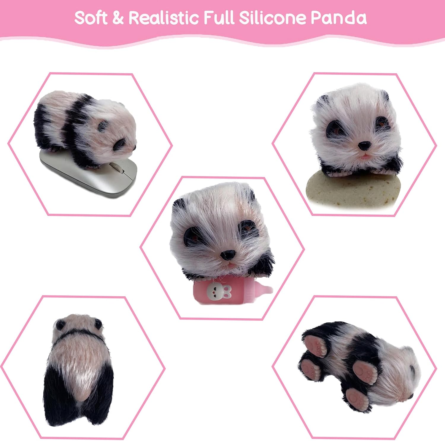 VOLOBE Silicone Panda, 5 Inches Soft Mini Realistic Panda as Silicone Piglet Companion with Accessories for Kids Boy Girl Birthday Gift (Panda)