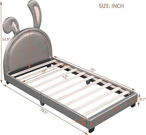 Miniatura 2 de Bonita cama tapizada con cabecera en forma de unicornio, cama de plataforma de cuero tamaño individual con cabecera y listones de madera para niños