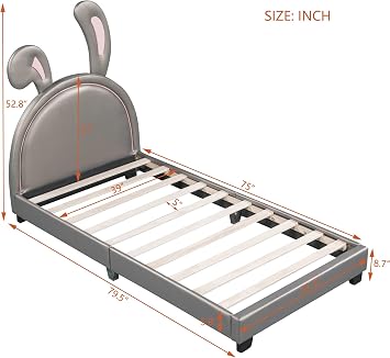 Leather Upholstered Platform Bed with Rabbit Ears Headboard, Twin Size PU Leather Kids Platform Bed Frame with Sturdy Slatted Support for Kids Boys Girls Bedroom (Gray-T)