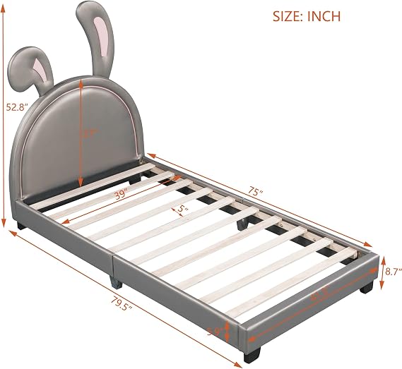 Leather Upholstered Platform Bed with Rabbit Ears Headboard, Twin Size PU Leather Kids Platform Bed Frame with Sturdy Slatted Support for Kids Boys Girls Bedroom (Gray-T)