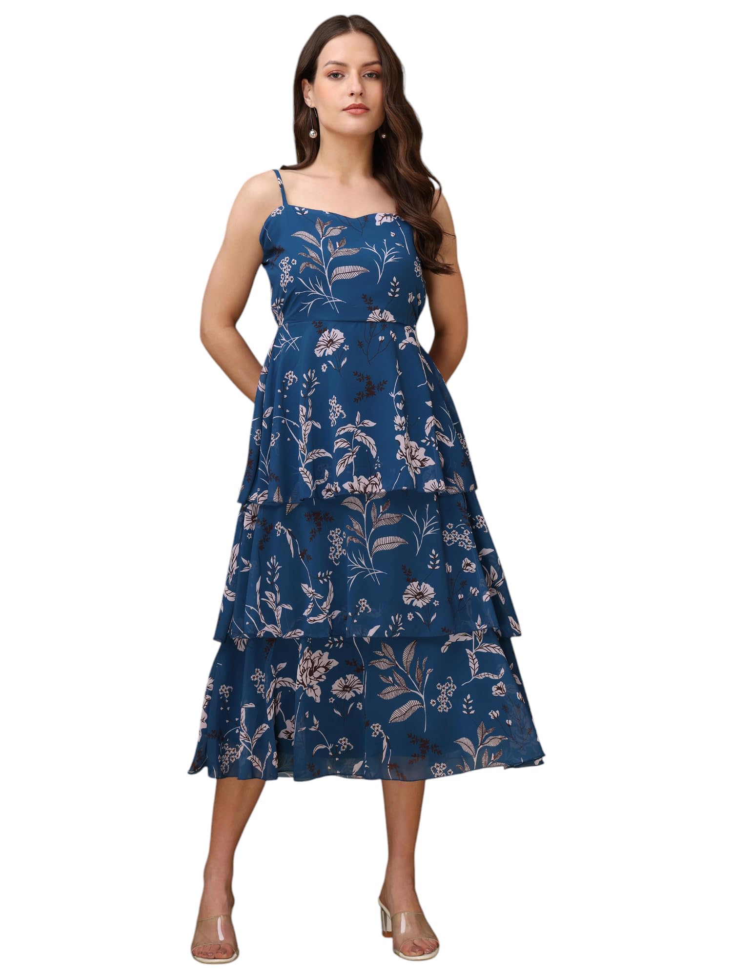 Purvaja Womens Layered Below Knee Length Dress (Floe-022_Teal_Large)