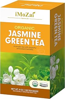 Imozai Organic Jasmine Green Tea Bags 100 Count Individually Wrapped | Lower Caffeine | Floral Aroma & Taste