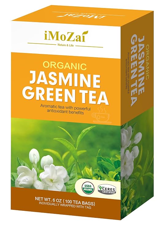 Imozai Organic Jasmine Green Tea Bags 100 Count Individually Wrapped | Lower Caffeine | Floral Aroma & Taste