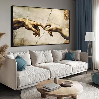 Creation of Adam Canvas Wall Art, Creation of Adam Canvas Print, Michelangelo Wall Art, Large Framed Artwork for Living Room, Bedroom (Black Framed, 47"x23"|120x60cm)