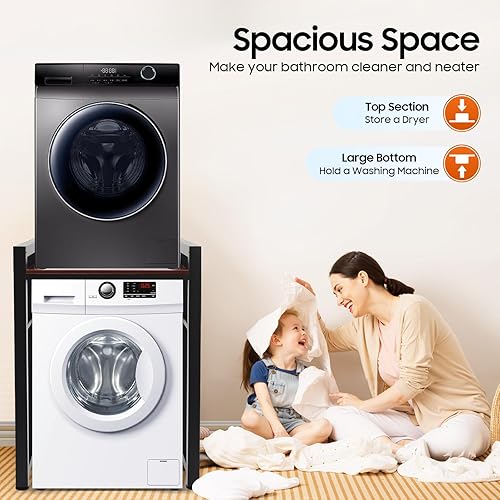 Miniatura 3 de Washer Dryer Stacking Rack Stand, Laundry Room Storage and Organizer Standing Shelf with Adjustable Foot Pads & Heightened Guardrail Washing Machine