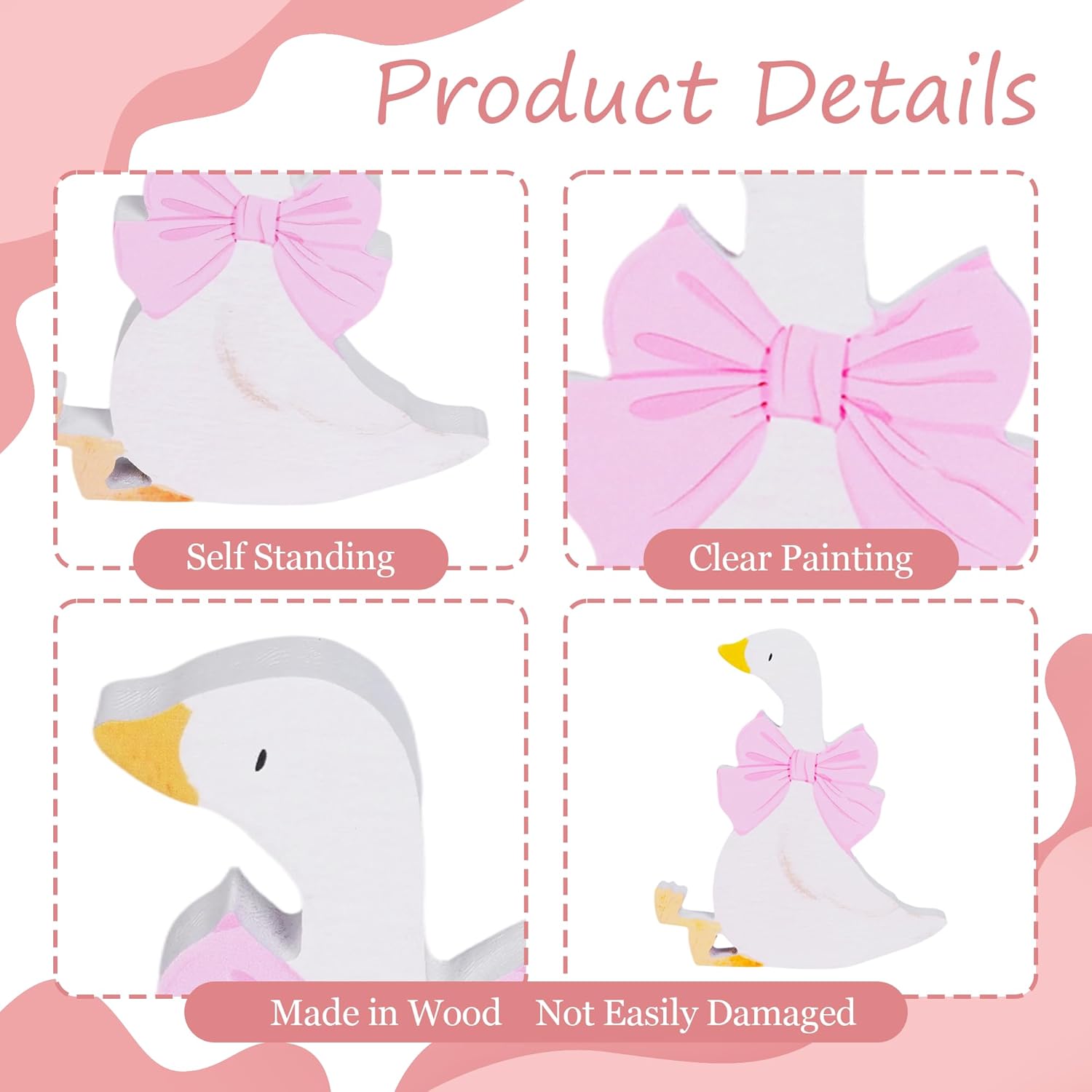 6 Pcs Wooden Silly Goose Pink Bow Silly Goose Birthday Party Decoration Geese Theme Party Desk Signs Decor, Size 3.9/4.7/5.9 Inch