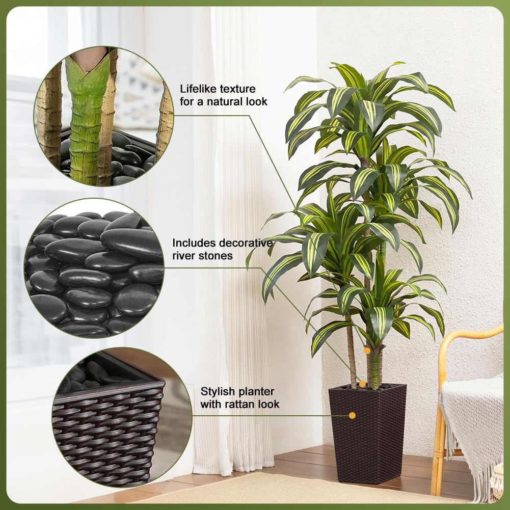 VeriNatural Künstlicher Drachenbaum 180 cm Kunstpflanzen Groß - UV-beständige künstliche Pflanze mit 96 Blättern, Braun Topf & Flusssteinen - Deko Pflanze für Wohnzimmer Büro Indoor Outdoor, VN127 | Kunstpflanzen Groß mit 76 Blättern & Flusssteinen Deko K