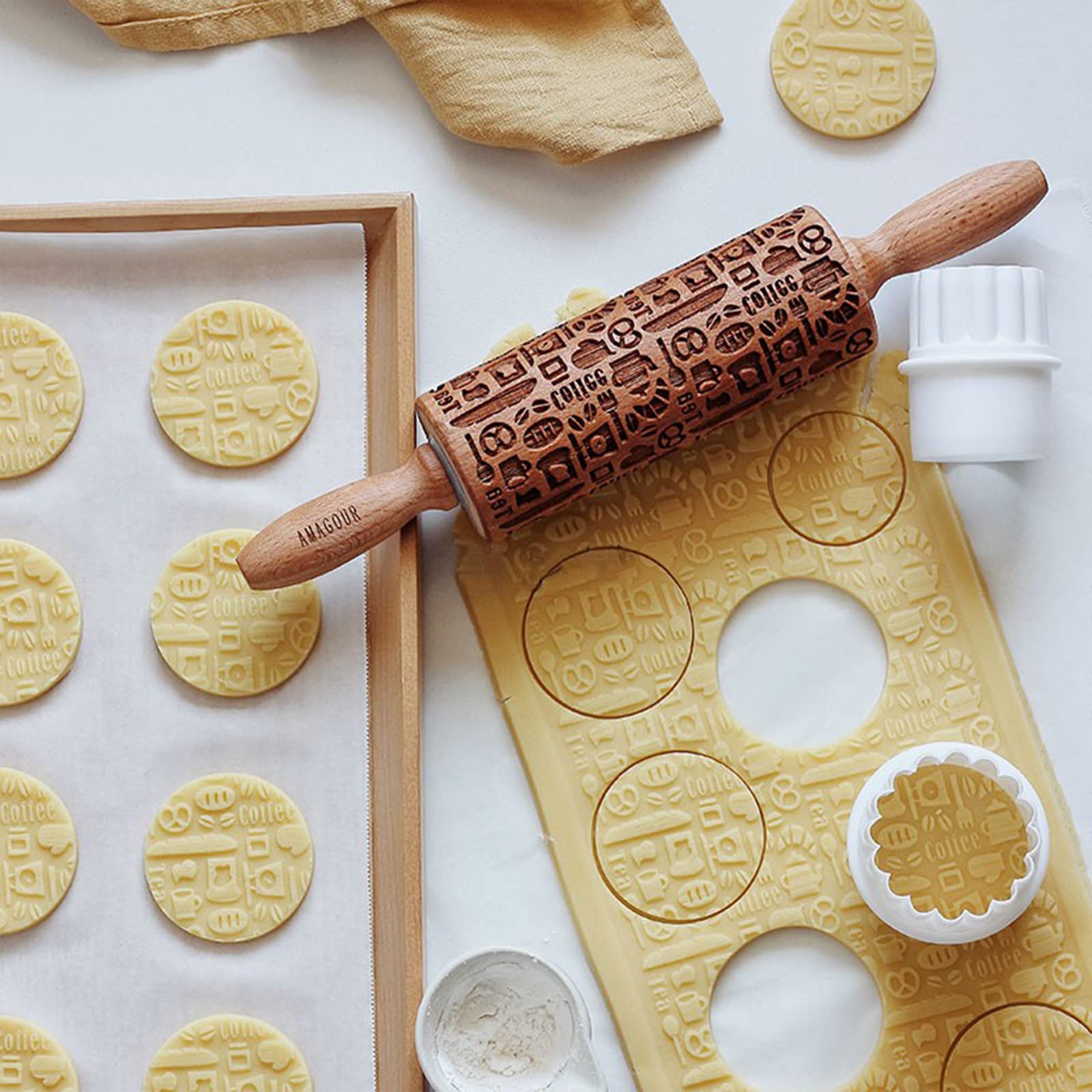 Rodillo de cocina antiadherente con relieve, Rodillo en relieve Rodillo de madera grabado for hornear, for hacer galletas, cortezas, pasteles, arcilla de repostería