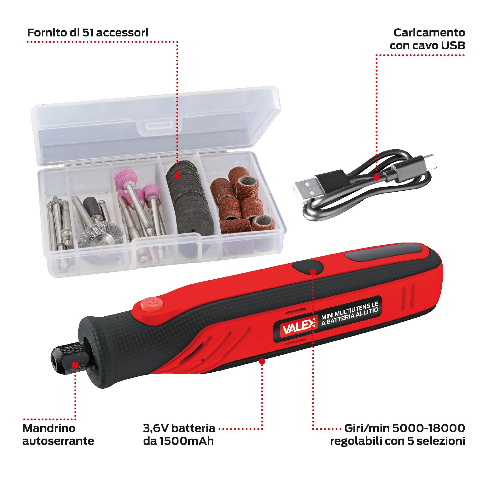 Valex Mini Multiutensile A Stelo A Batteria Al Litio 3,6V, 51 accessori inclusi, 5000-18000 Giri/min regolabili con 5 selezioni, ricarica usb
