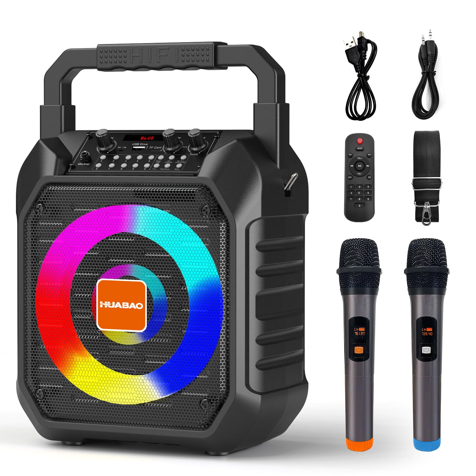 HUABAOKaraoke Machine with 2 Wireless Microphones, Portable Microphone Speaker for Adults and Kids, PA System with LED Lights, Supports USB/AUX/FM/TF Card, for Party/Meeting