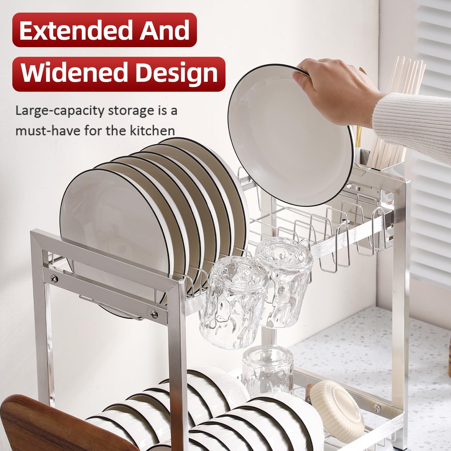 Dish Drying Rack, Double Layered countertop Kitchen Organizer with Drainage Large Bowl Rack and Storage Rack with Drainage Board (Silver Upgraded Version)