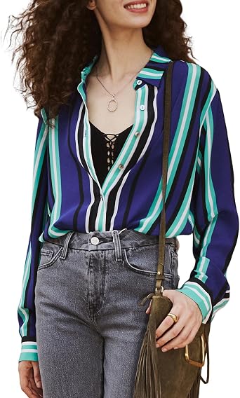 Women Silk Blouse Button Down Shirt Long Sleeve Summer Spring Dressy Shirts Luxury Lapel Collar Striped Blouses Vintage Tops