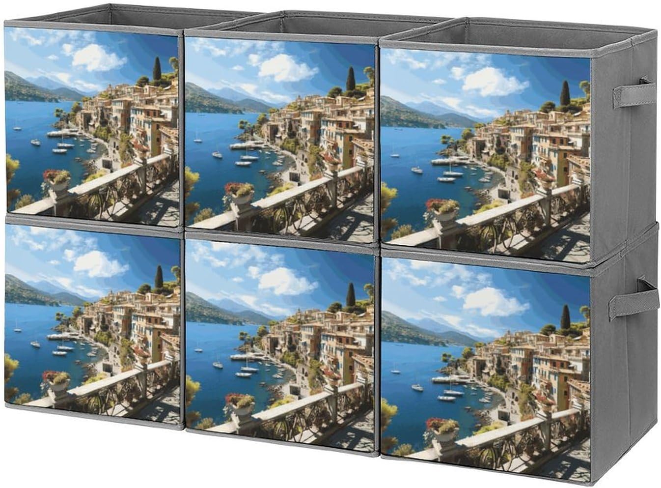 Mediterranean View Storage Cubes Set of 6 Storage Bins with Handles Collapsible Storage Basket Fabric Storage Box for Shelves Large Closet Shelf Organizer for Organization 11 Inch