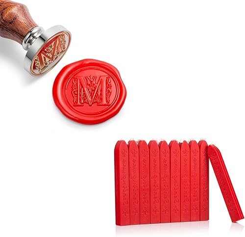 Mceal Regal - Sello de cera de latón plateado con letra M y 10 varillas de sello de cera (rojo granero)