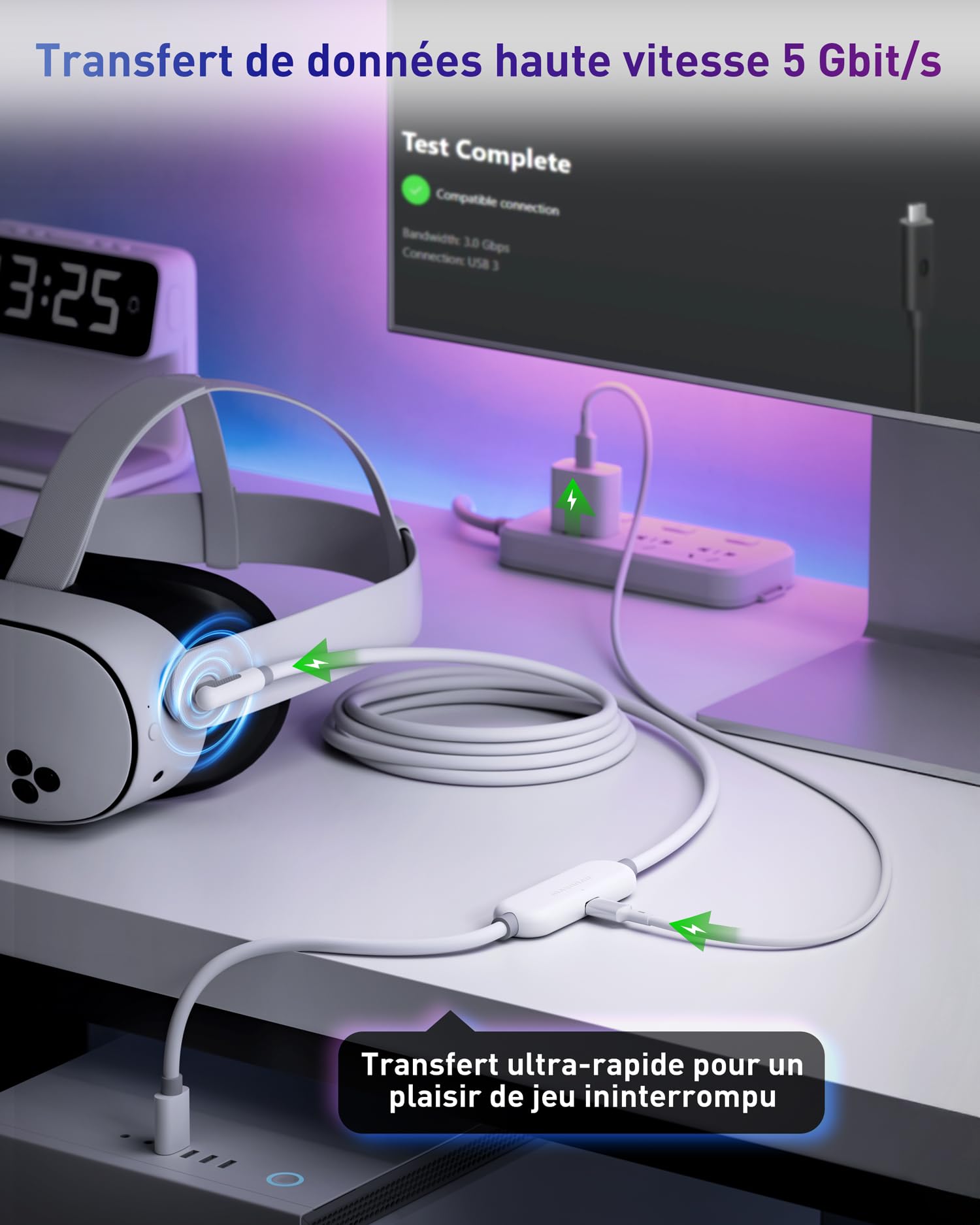 Maxonar Câble Link de Charge 5m Compatible avec Meta Quest 3, Quest 3S, Quest 2, Pico 4 et PC Steam VR Pico 4 et PC Steam VR, VR Câble de Liaison USB 3.0