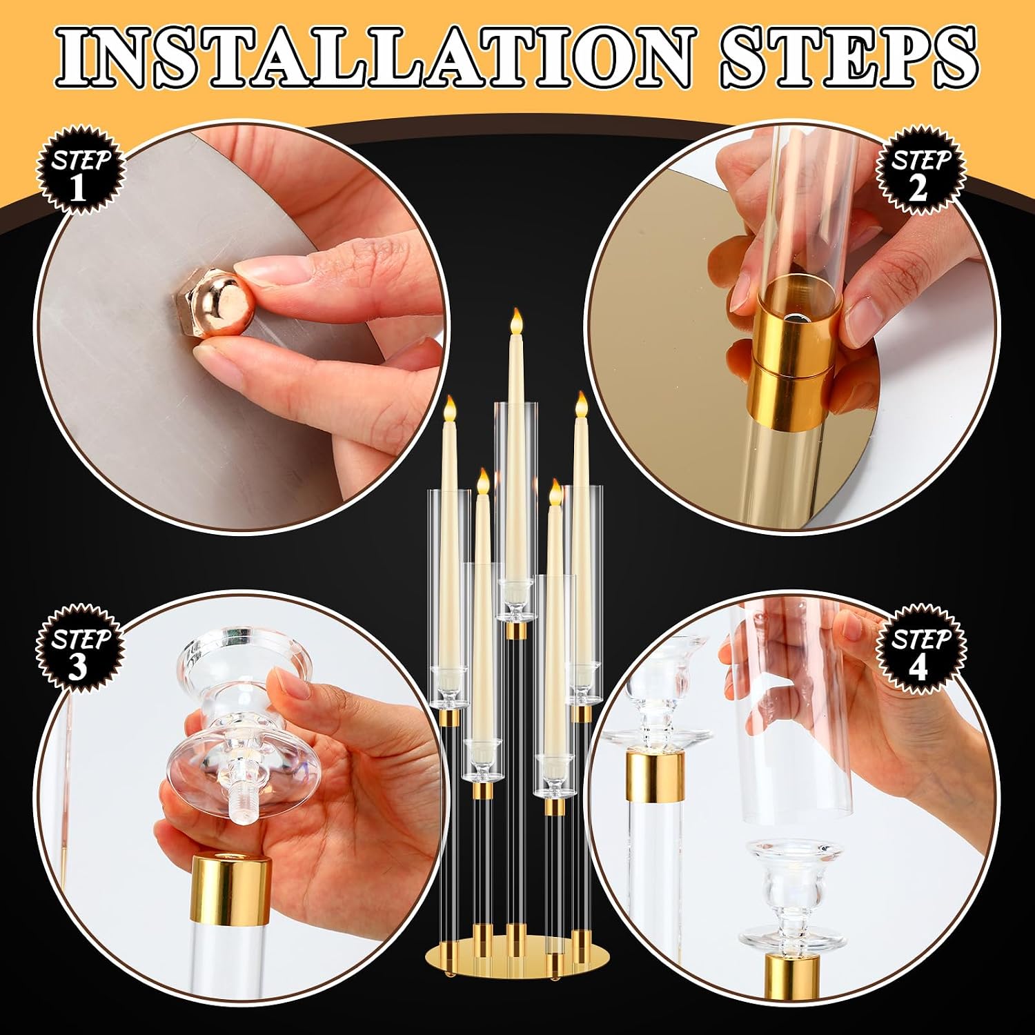 Barydat 4 Pcs Acrylic Candelabra Centerpieces Candle Holder Crystal 5 Arm Candlesticks Holder with Acrylic Shade Pillar Taper Candlestick for Wedding Dinner Party Fit 0.87" LED Candle(Gold,2 Pcs)