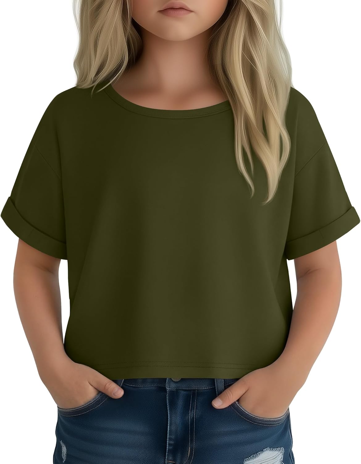 Girls' Short Sleeve Crop Tops Oversized Round Neck Drop Shoulder Rolled Cuffs T Shirts Kids Summer Basic Tees