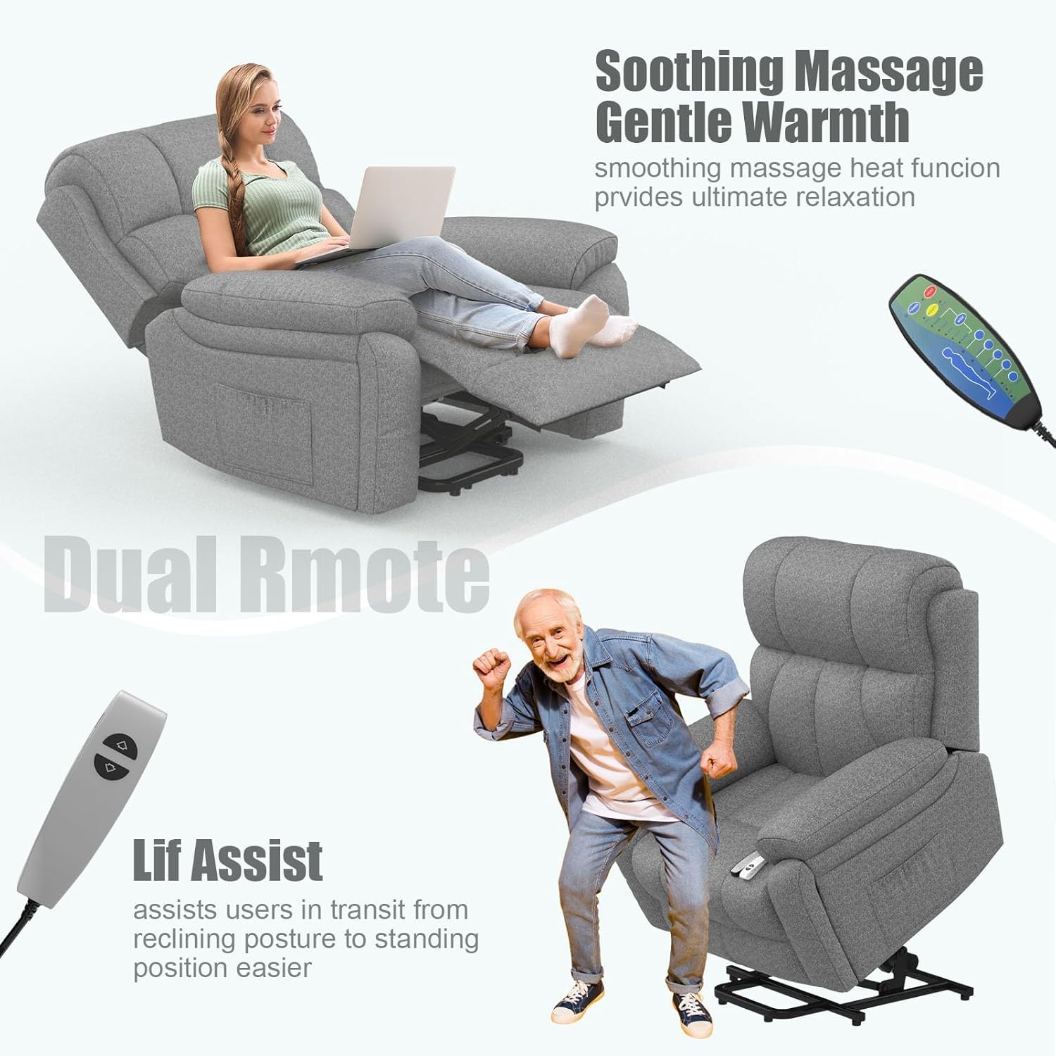 Fernsehsessel Elektrisch Verstellbar, 60 cm breiter Liegestuhl Aufstehhilfe Massagesessel mit Massage Wärmefunktion Seniorensessel Relaxliege 2 Seitentaschen und Getränkehalter,USB+ Typ-C Anschluss