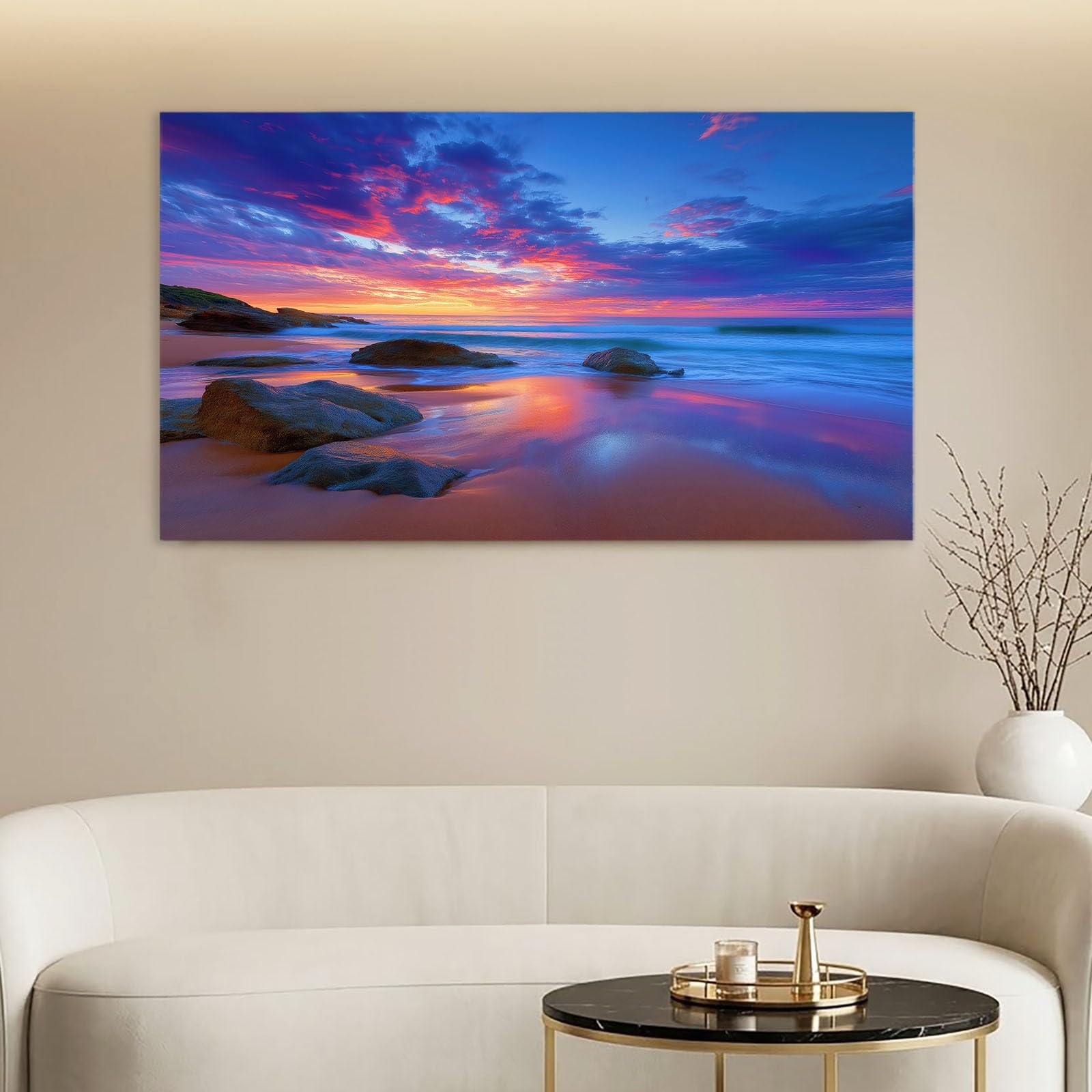 Obraz ścienny natura wybrzeże obraz na płótnie - płótno ścienne 120 x 80 cm druk na płótnie z plażą wieczorną czerwień chmury, oprawiona sztuka ścienna do salonu i sypialni, dekoracja ścienna