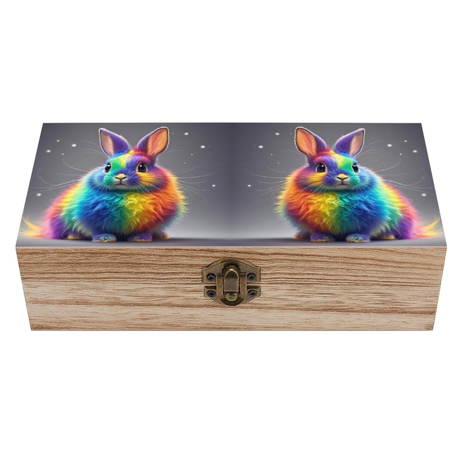 JTREHY Wooden Storage Box Container,Rainbow Rabbitprinted Desk Storage Box Room Decoration Box Souvenir Storage Box for Jewelry Gift Storage And Home Decoration
