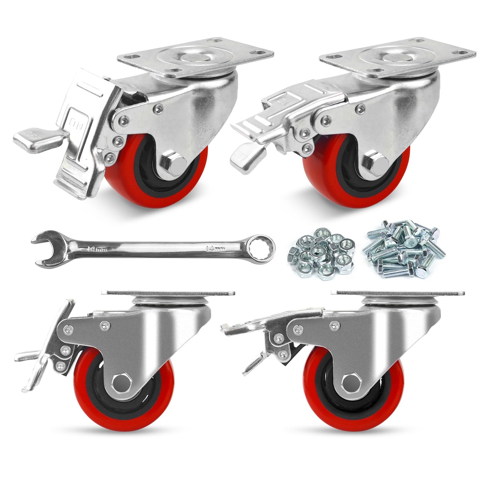 3" Heavy Duty Casters with Security Dual Locking A/B Brake Wheels, Load 1000lbs, No Noise Polyurethane (Pu) Wheels, for Given to Workbenches, Saw Tables, Stage Toolboxes, Beds (Set of 4) (3Inch)