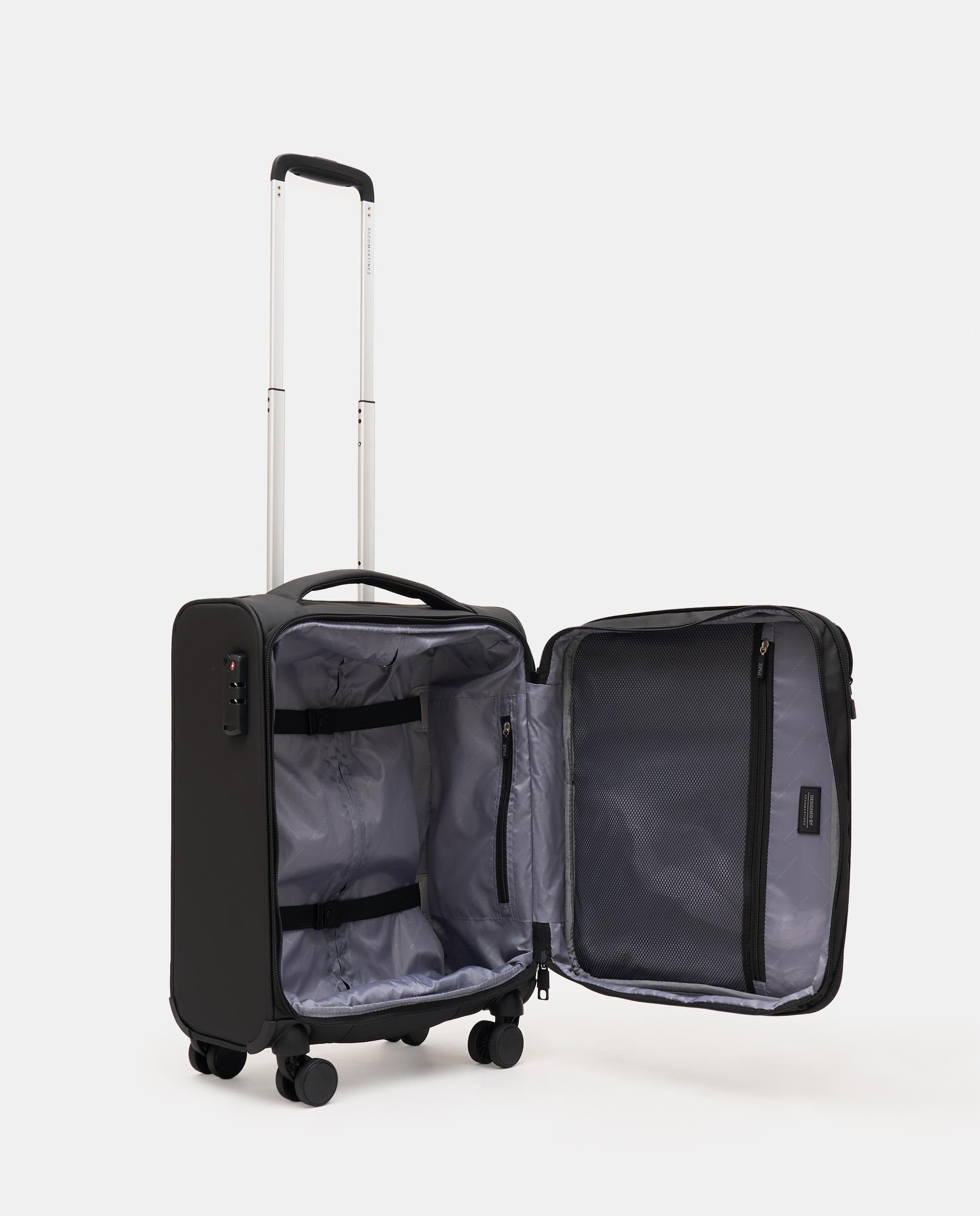 PACO MARTINEZ Maleta de Viaje Unisex, Maleta de Cabina V Air Expandible con Candado TSA, Capacidad 36-44 litros, Color Negro - 40x55x20-25 Centímetros