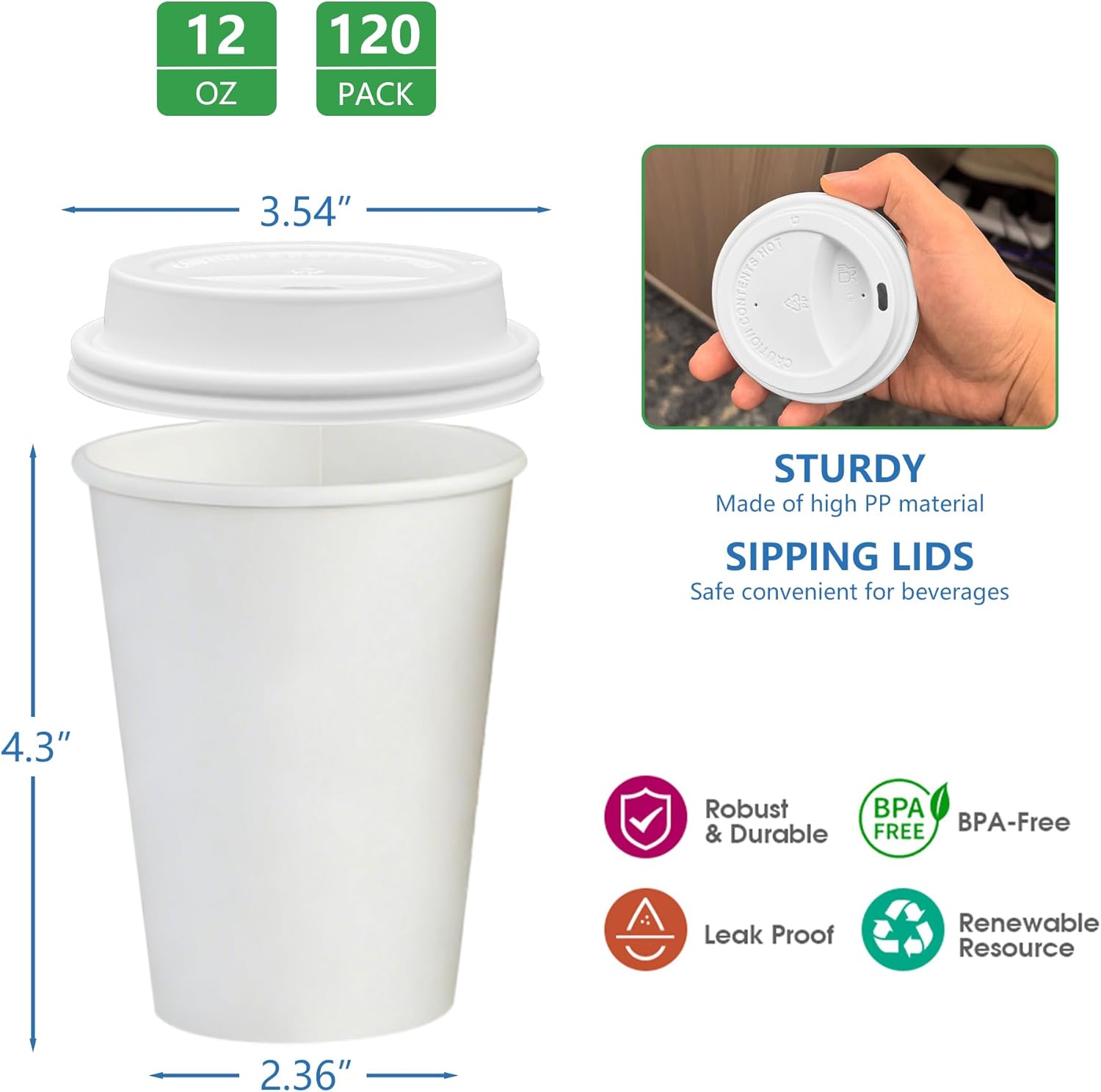 120 Pack 12 oz Leak-Proof Coffee Cups with Lids, Sleeves, and Stirrers, Disposable To Go Hot Travel White Paper Cups, Hot Chocolate, Cocoa, Tea for Home, Cafes, Coffee Bar - Image 3