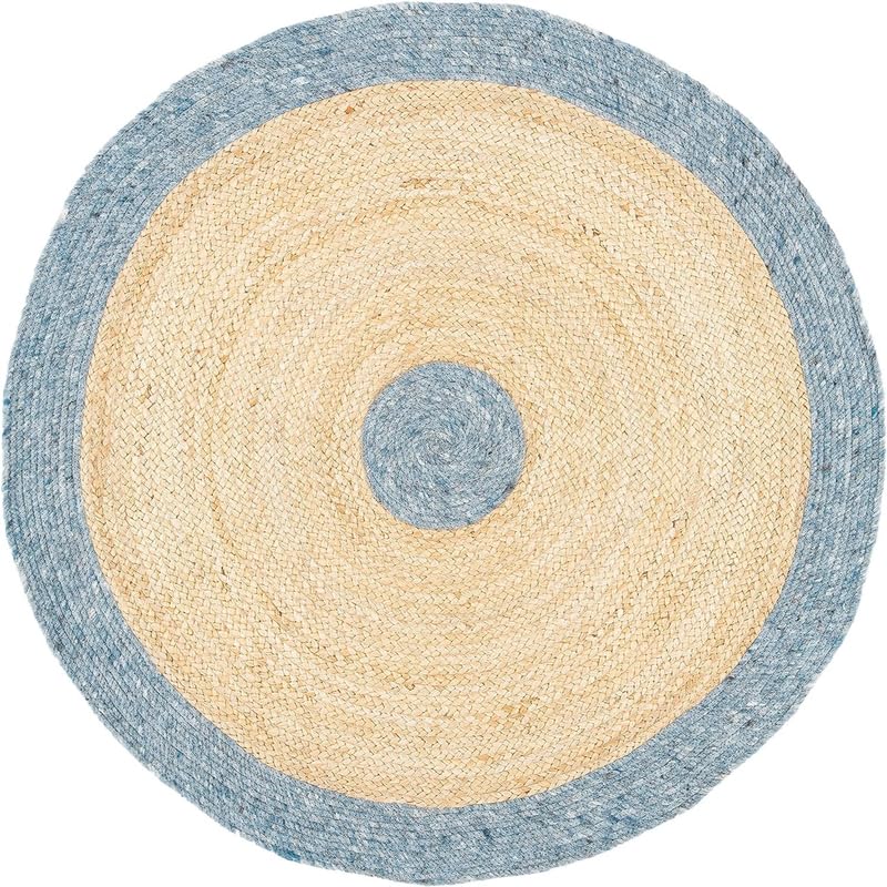 tappeto moderno reversibile rotondo in iuta intrecciata con bordi blu, per area moderna