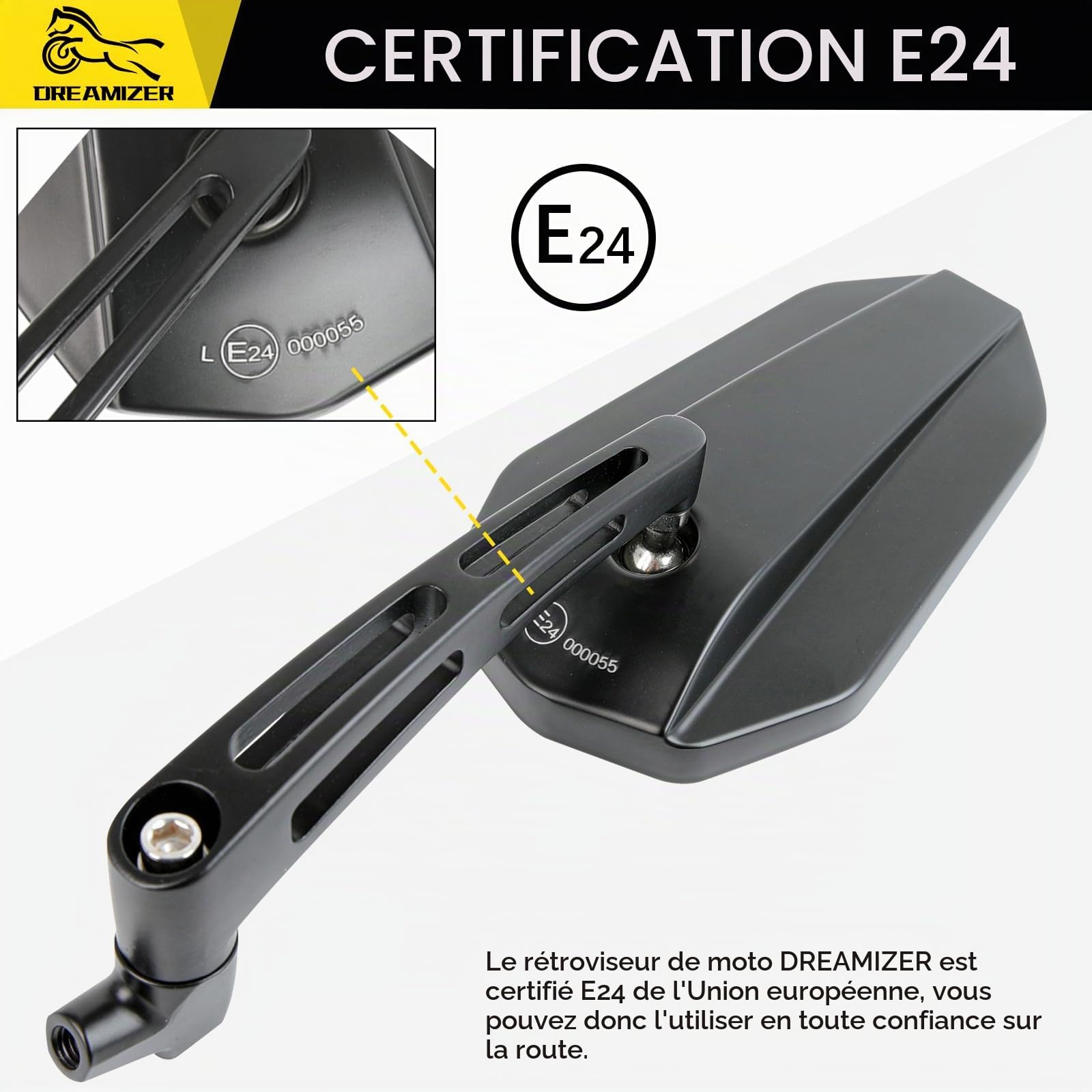 DREAMIZER E24 Homologués Rétroviseur pour Moto, Rétroviseur Latéral pour Moto de 8mm 10mm Compatible avec Z900 Z1000 Z800 Z650 Z750 Z250 Z125 XJ6, MT03 MT07 MT09 MT10, Quad ATV Scooter Touring Chopper
